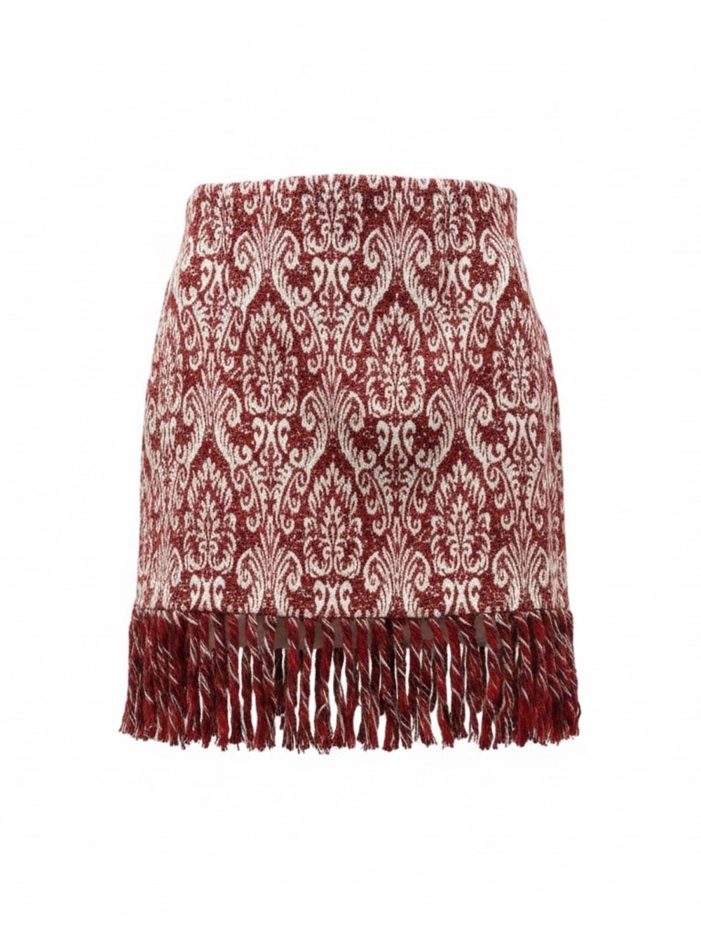 Chloé Burgundy Ivory Damask Fringe Tapestry Mini Skirt. Size 4. Western boho vtg